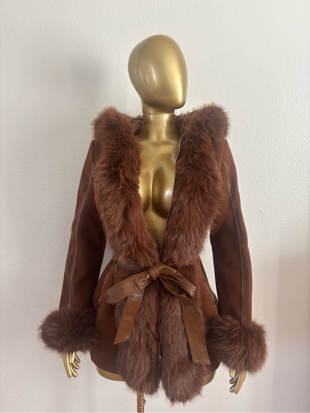 Women's Brown Faux Fur Trim Belted Leather Jacket